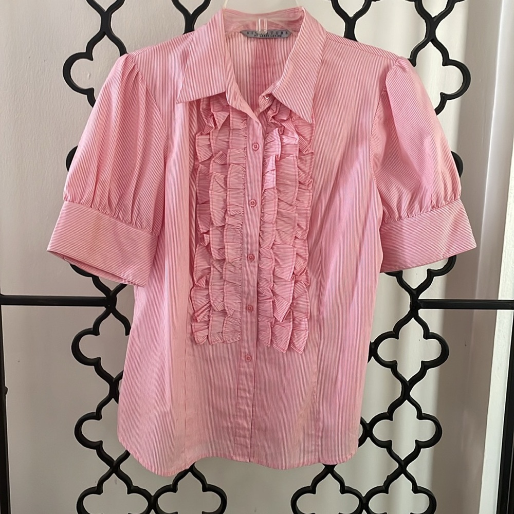 Signature by Larry Levine Pinstripe Ruffled Button Down Short Sleeve Shirt